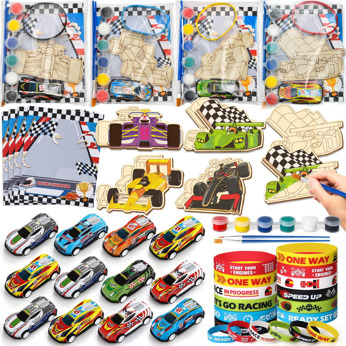 SNLN race car painting kit for kids at a birthday party.