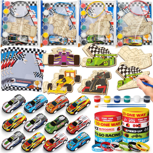 SNLN race car painting kit for kids at a birthday party.