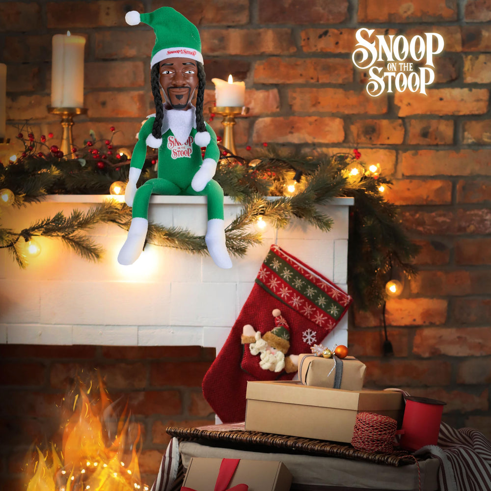 Snoop Dogg Snoop on the Stoop elf with tilted Santa hat as centerpiece.