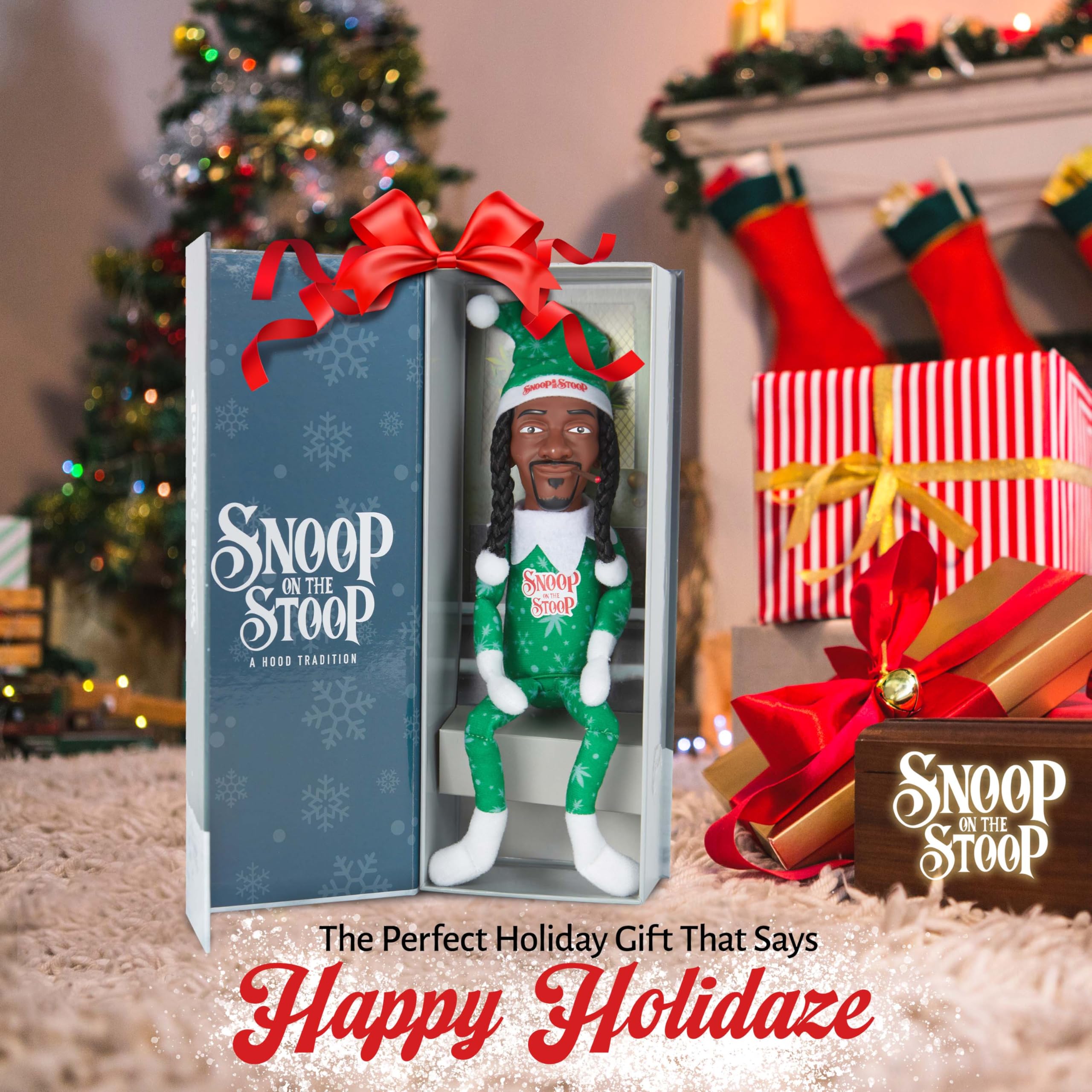 Snoop on the Stoop elf wearing tilted Santa hat, ideal as a stylish centerpiece