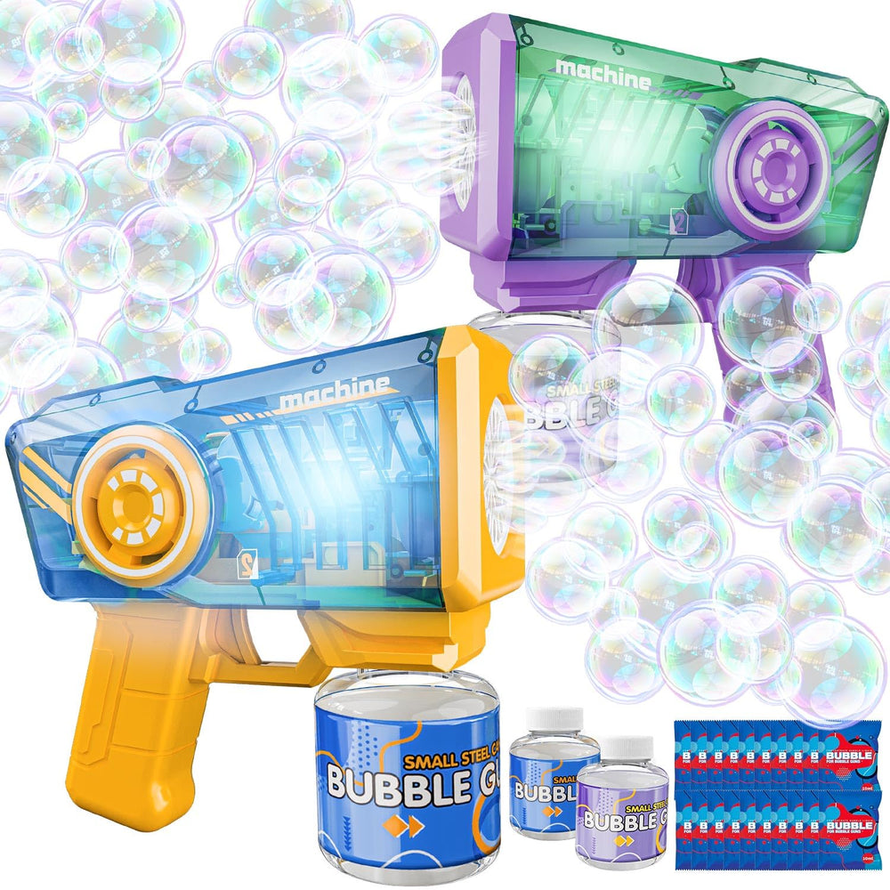 Snowalva Bubble Gun in action with vivid bubbles for a kid's party