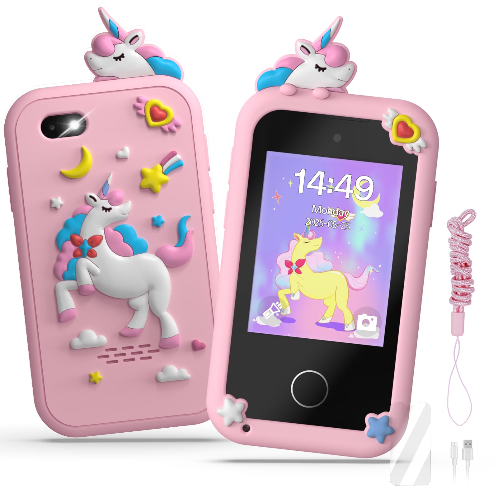 SnowCinda kids smart phone with unicorn theme, front view for safe play