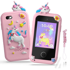 SnowCinda kids smart phone with unicorn theme, front view for safe play