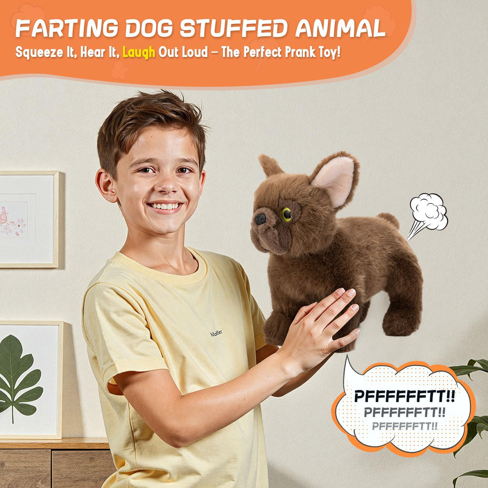 SnugBibble farting dog plush side view highlights playful silhouette for gift-ready humor.