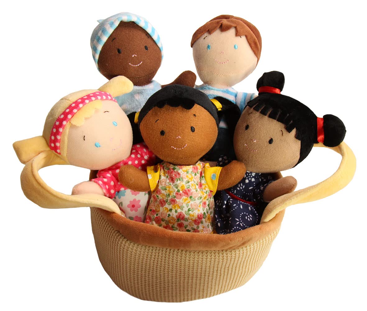 Snuggle Stuffs Basket of Buddies dolls nestled in a cozy fabric basket for easy play storage.