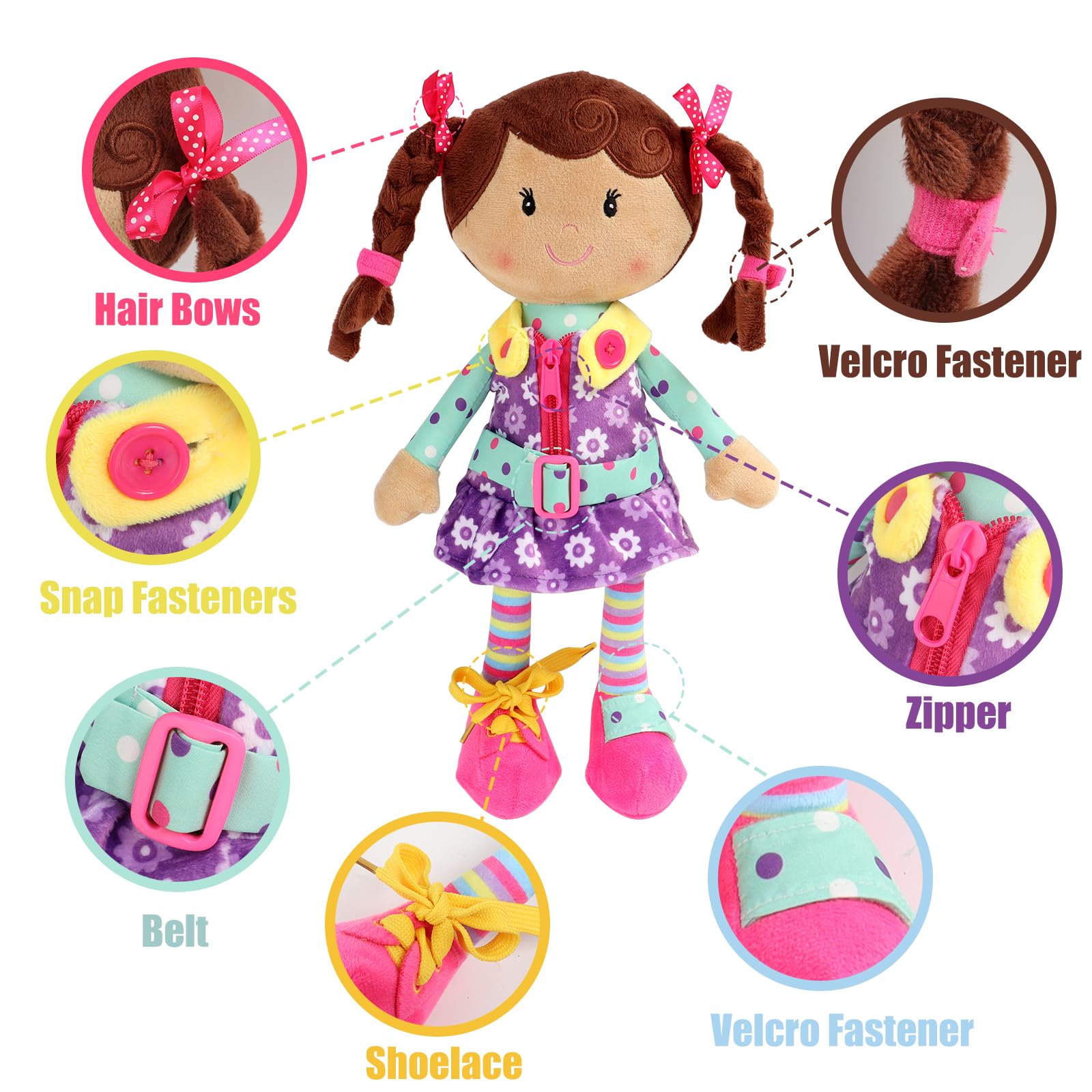 Snuggle Stuffs Sugar Snap doll buttons for early dressing mastery