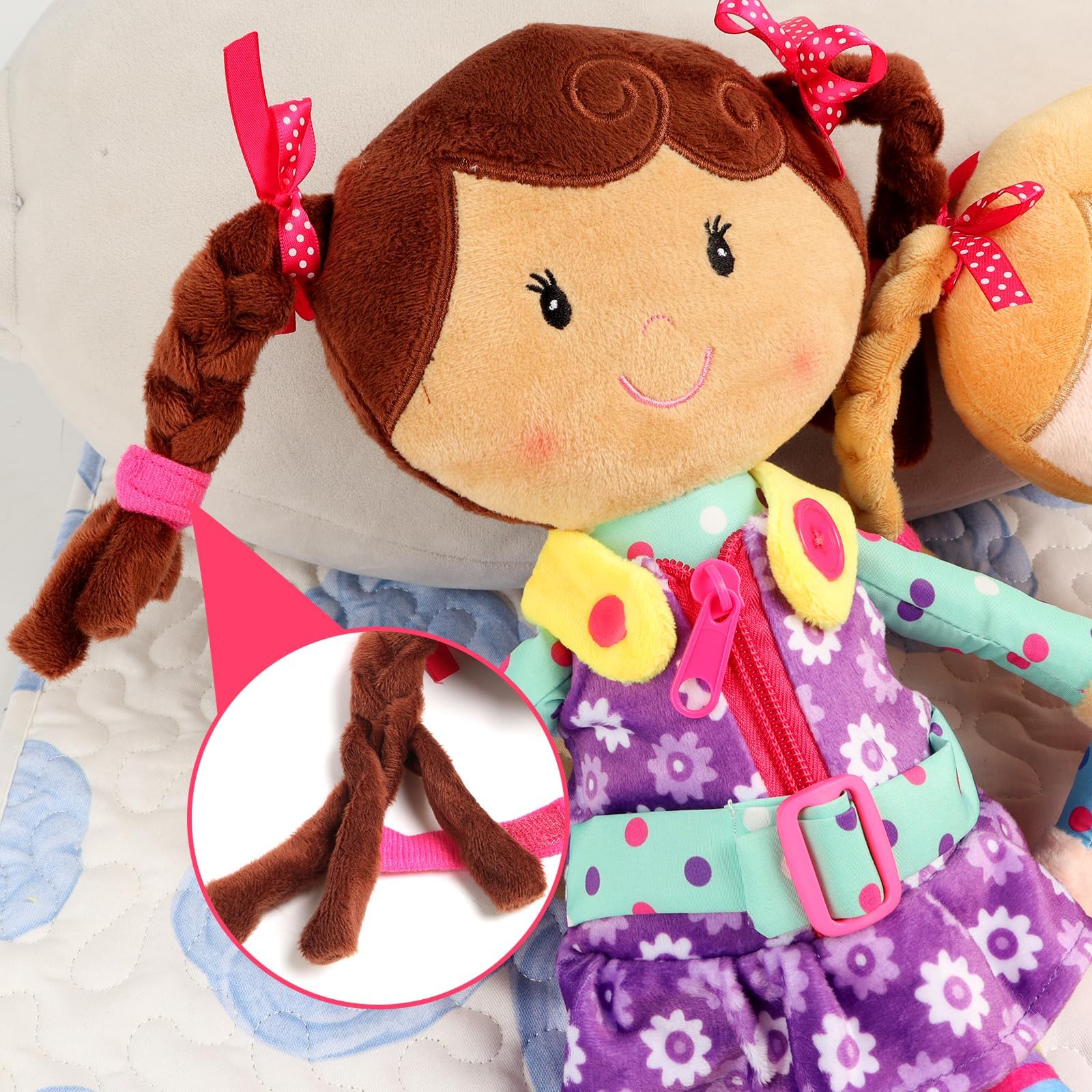 Snuggle Stuffs Sugar Snap doll hair braids enhance fine motor play