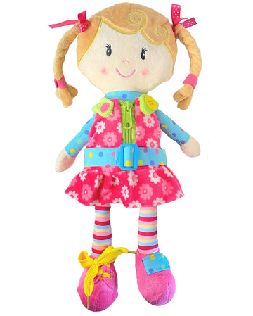 Snuggle Stuffs Sugar Snap doll demonstration of zipper practice for toddlers