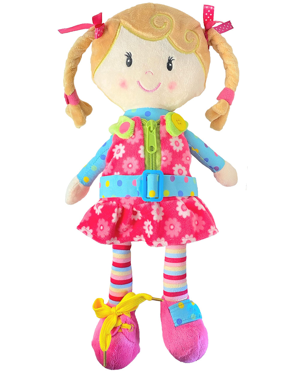 Snuggle Stuffs Sugar Snap doll demonstration of zipper practice for toddlers