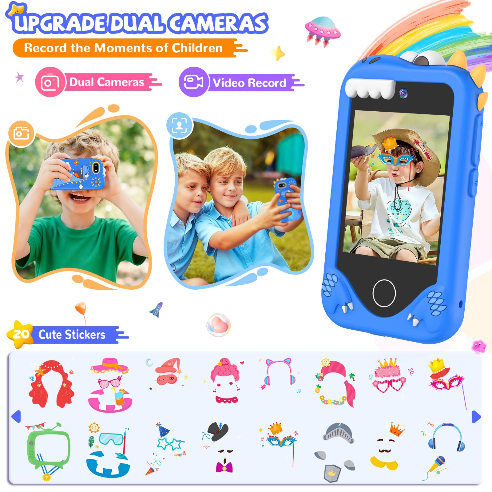 SNWIDA kids smart phone stores music and videos on 32 GB card.