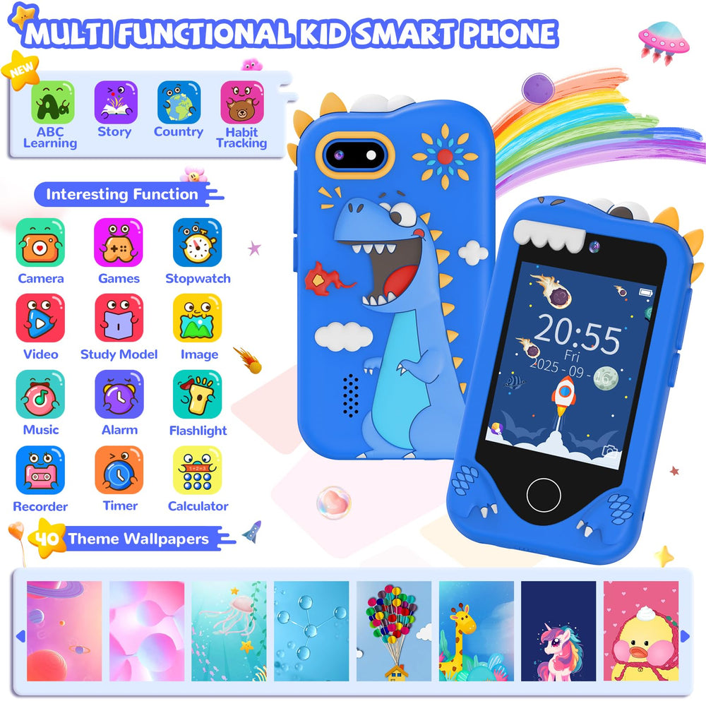 SNWIDA kids smart phone blue side view highlights compact travel friendly design.