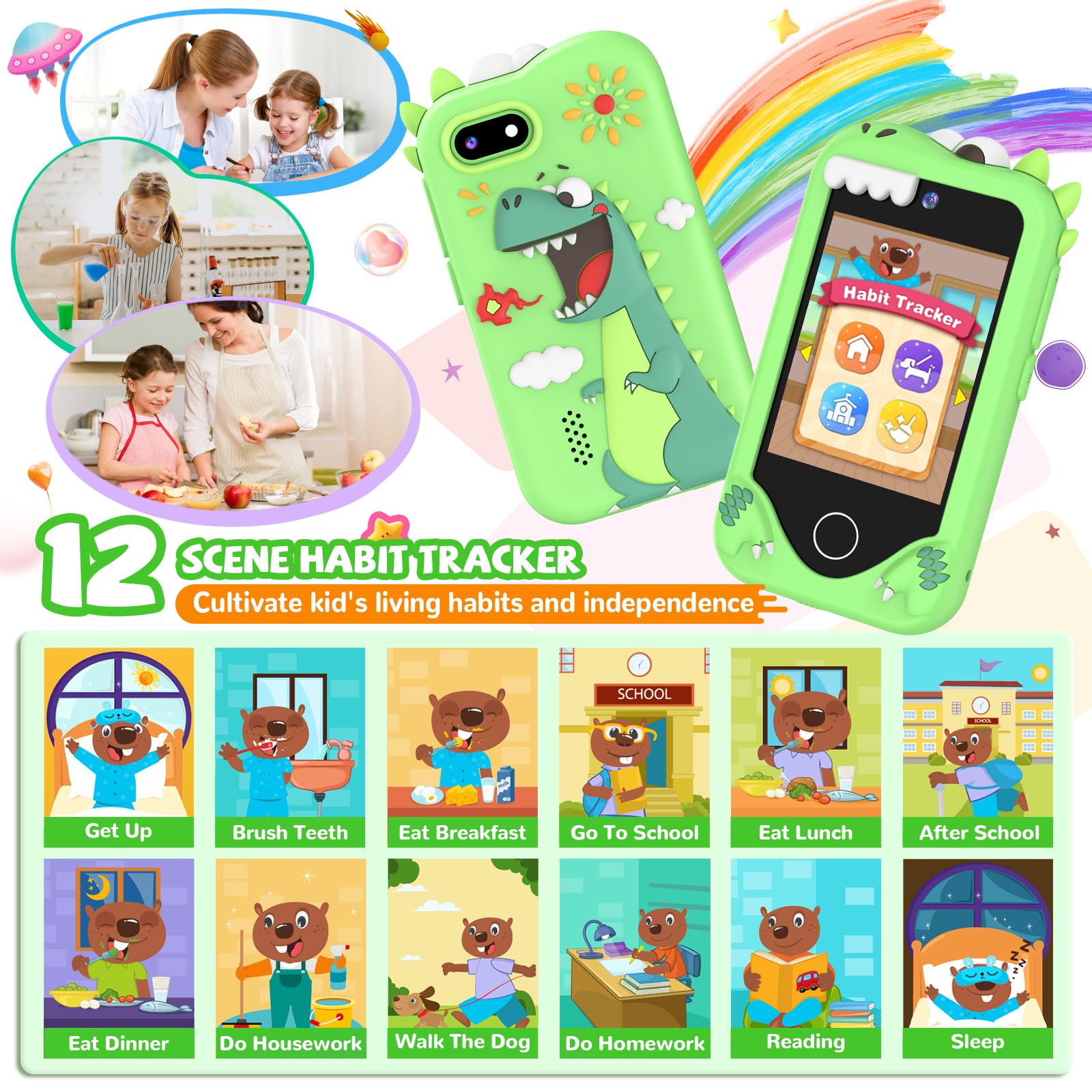 SNWIDA learning mode on green phone with ABC letters.