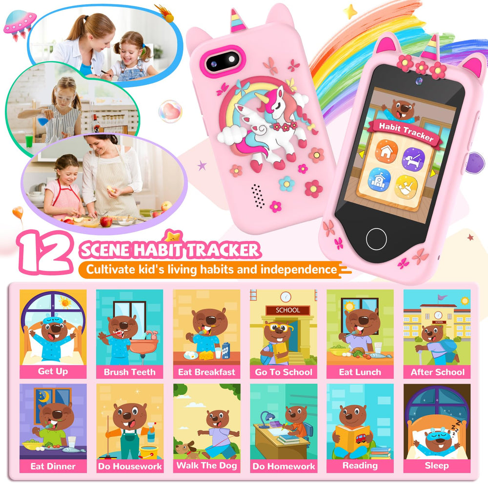 SNWIDA Kids Smart Phone learning mode showing ABC lessons and routines.