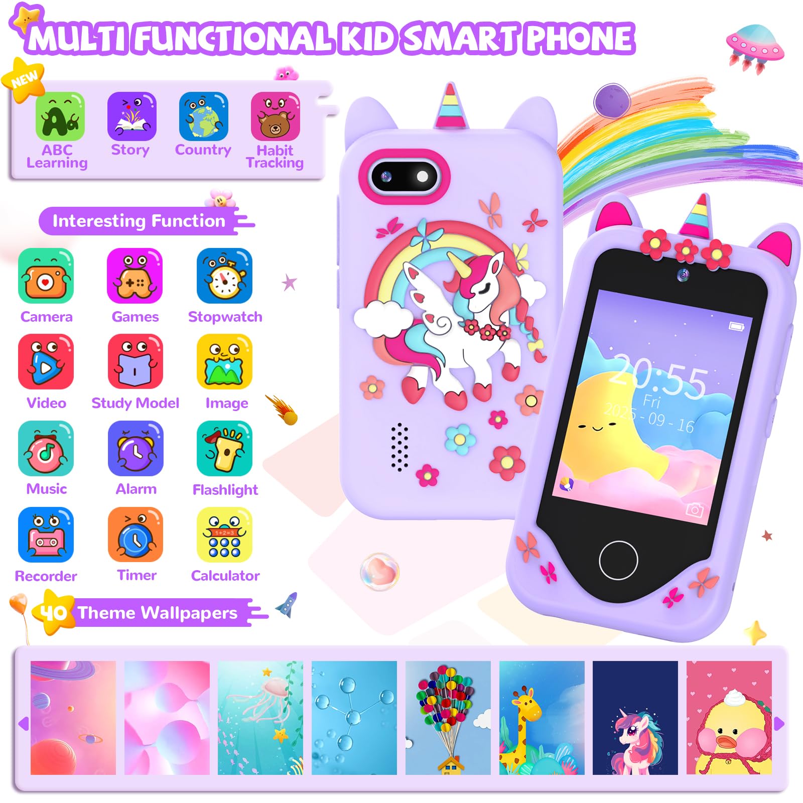 SNWIDA kids smartphone purple dual cameras capture memories during play