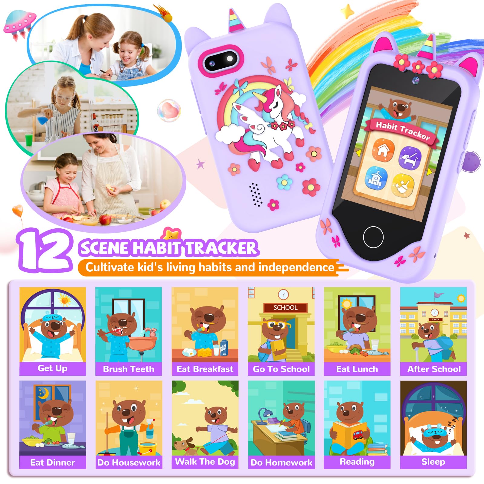 SNWIDA kids smartphone purple learning scenes encourage curiosity and routine