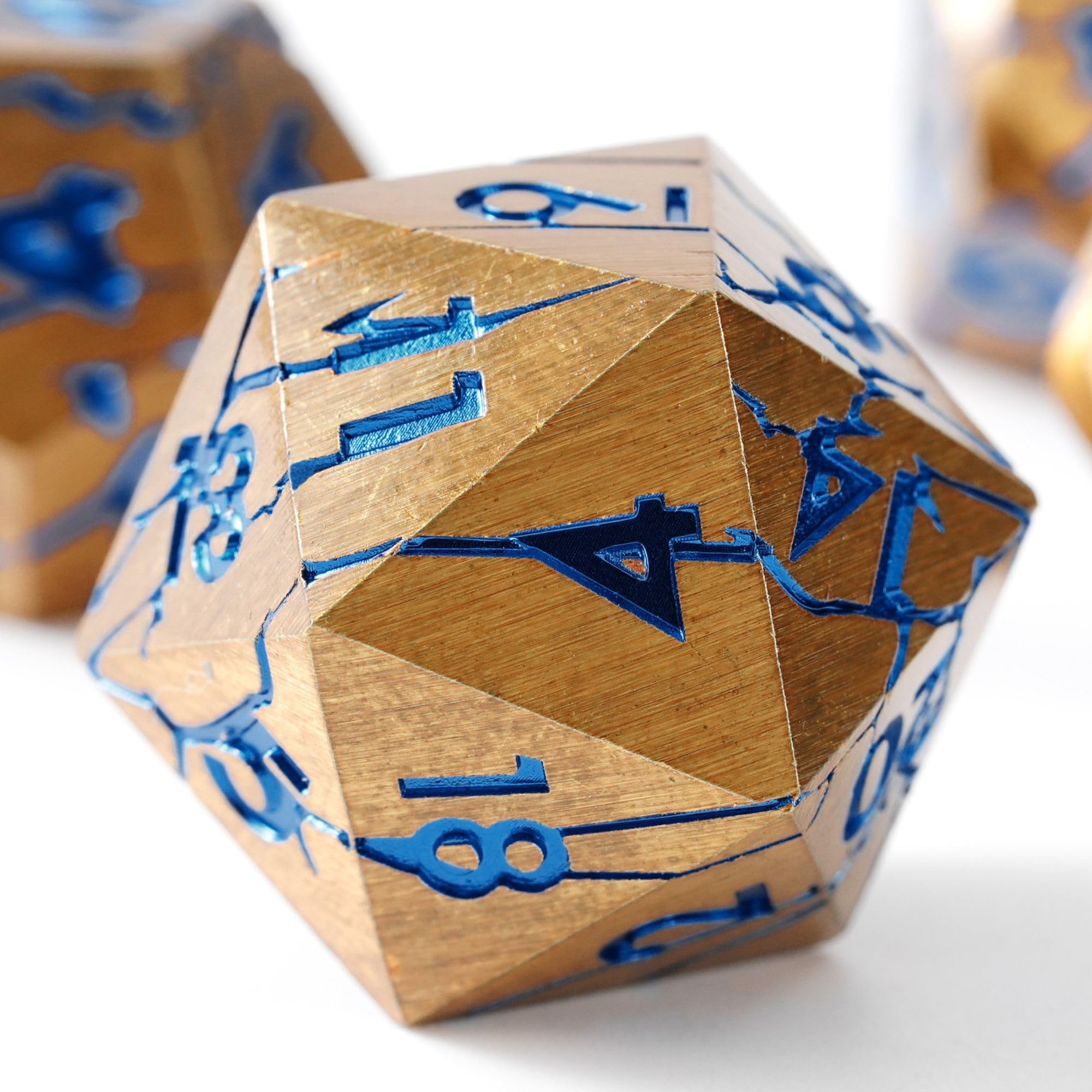Soar Forge DND metal dice with pharaoh ruins gold blue cracks enhance table aesthetics and immersion.