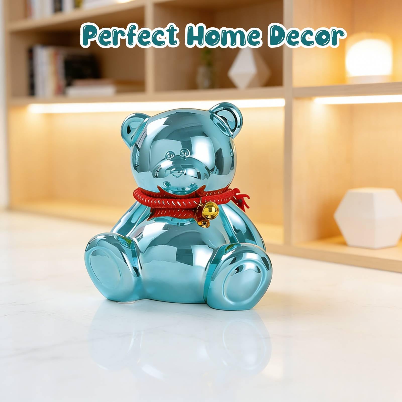 SOBEIT blue bear piggy bank dimensions shown for scale