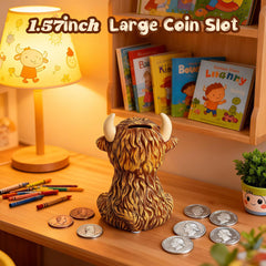 SOBEIT Highland Cow Piggy Bank bottom plug makes withdrawals easy and mess-free.