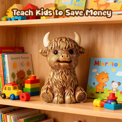 SOBEIT Highland Cow Piggy Bank color detail highlights hand-colored coat for a lifelike look.