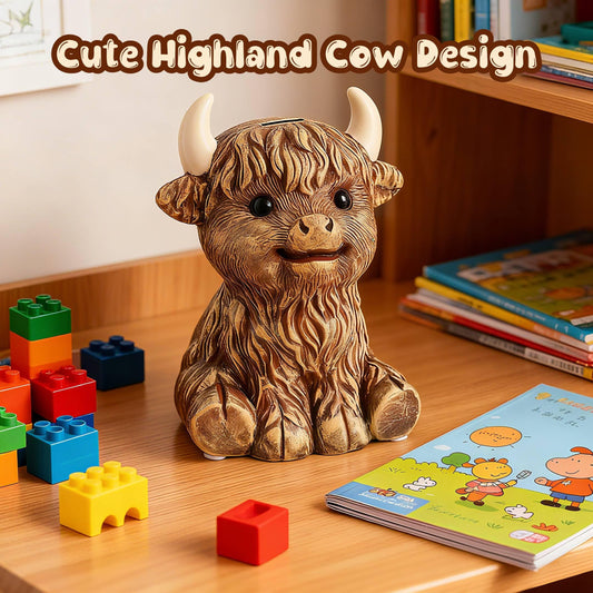 SOBEIT Highland Cow Piggy Bank side view fits cozy shelves and decorates kids' spaces.