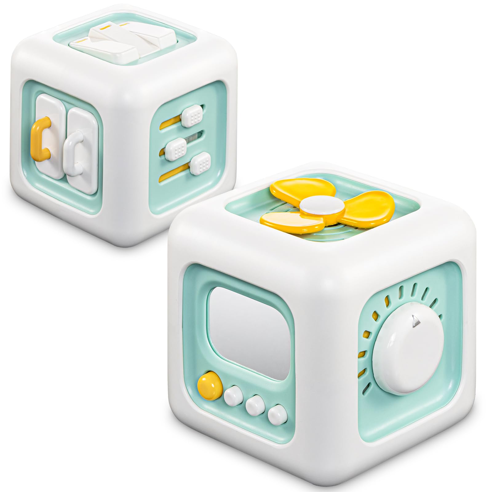SOCBTNSO Busy Cube with six activities for fine motor exploration