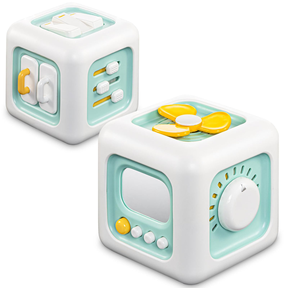 SOCBTNSO Busy Cube with six activities for fine motor exploration