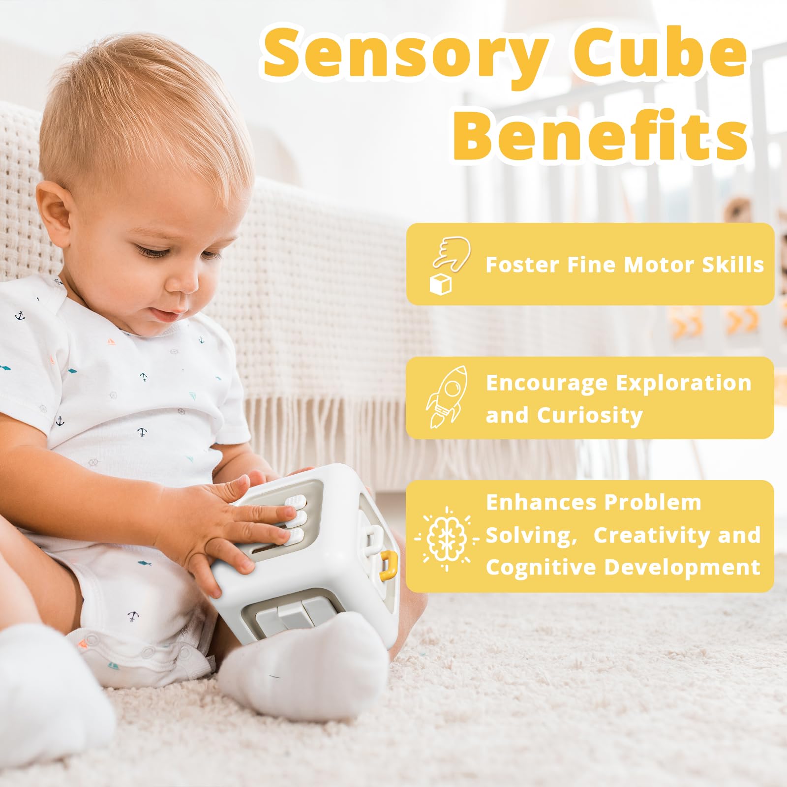 SOCBTNSO Busy Cube sanded edges ensure gentle handling and safety.