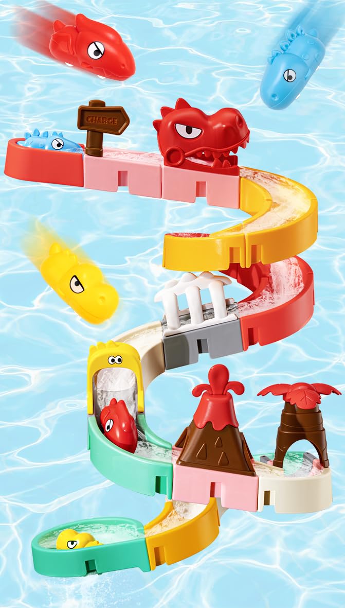 SOCBTNSO Dinosaur Slide Wall Track enables focused bath play for toddlers.