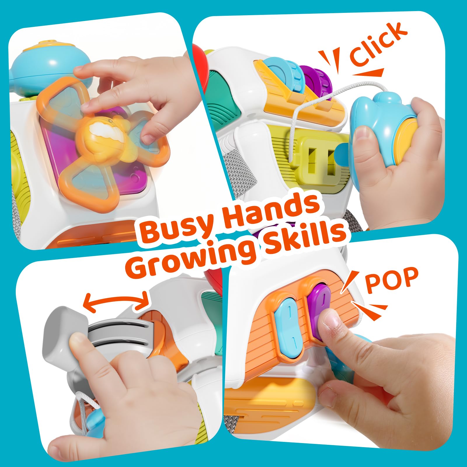 SOCBTNSO buckle and seatbelt section teaches fastening during pretend play.