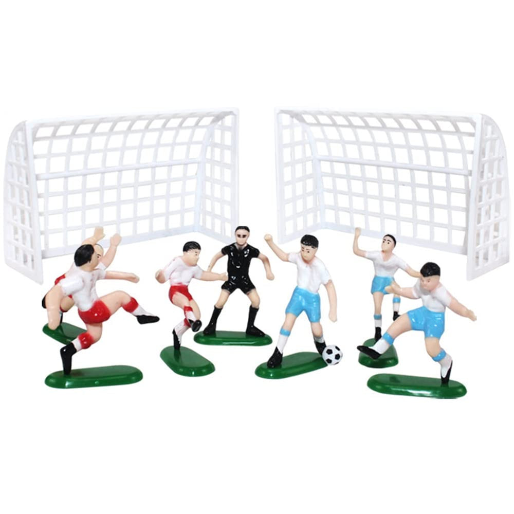 Soccer cake toppers with six players and one coach for easy, festive sports-themed cakes.