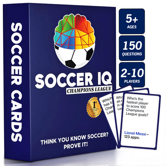 SOCCER IQ Champions League quiz cards cover—engaging trivia for fans.