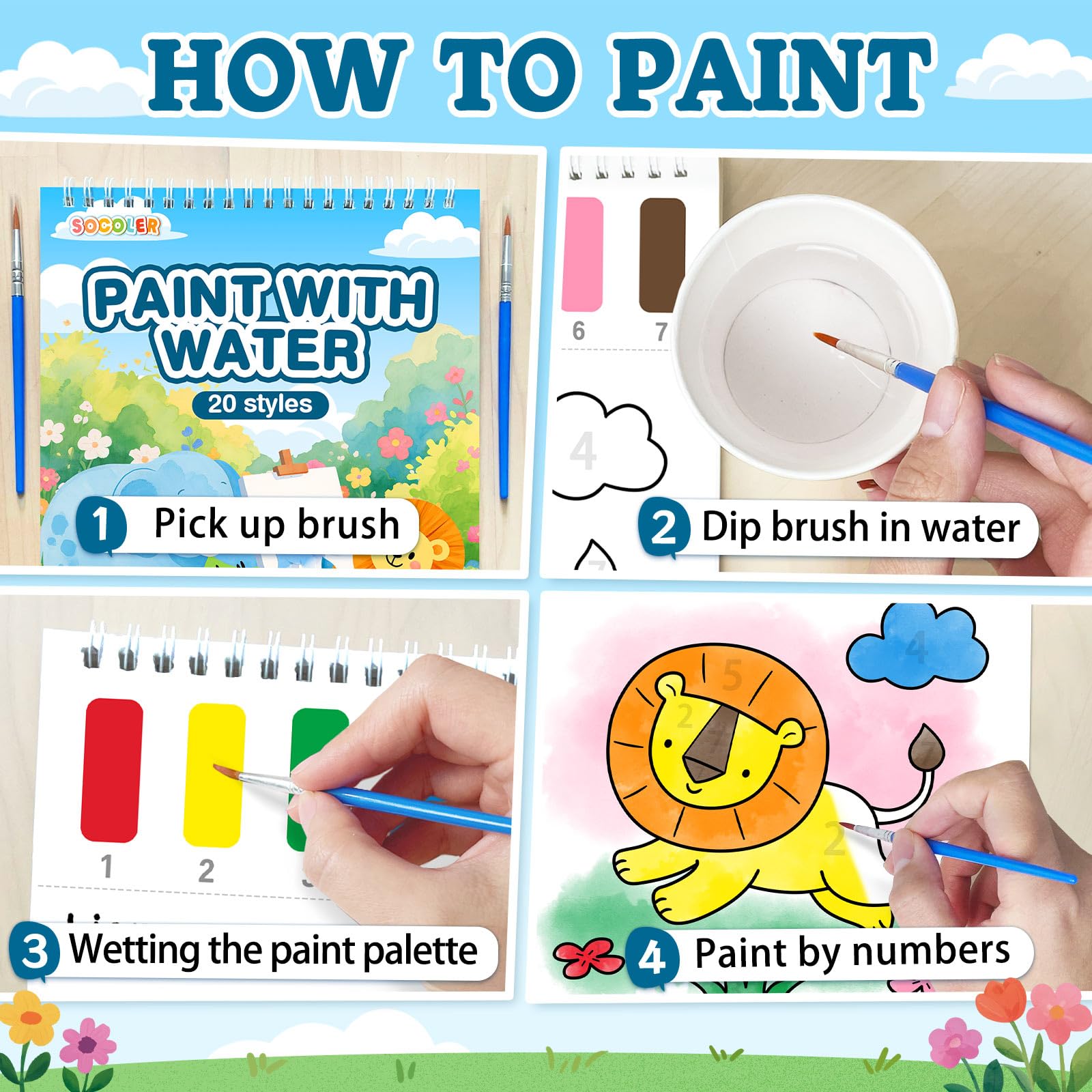 SOCOLER Paint with Water animal pages 02, thick paper resists bleeding while coloring