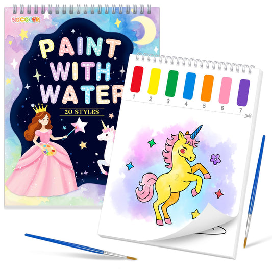 SOCOLER Paint with Water unicorn book cover shows a vibrant, mess-free intro
