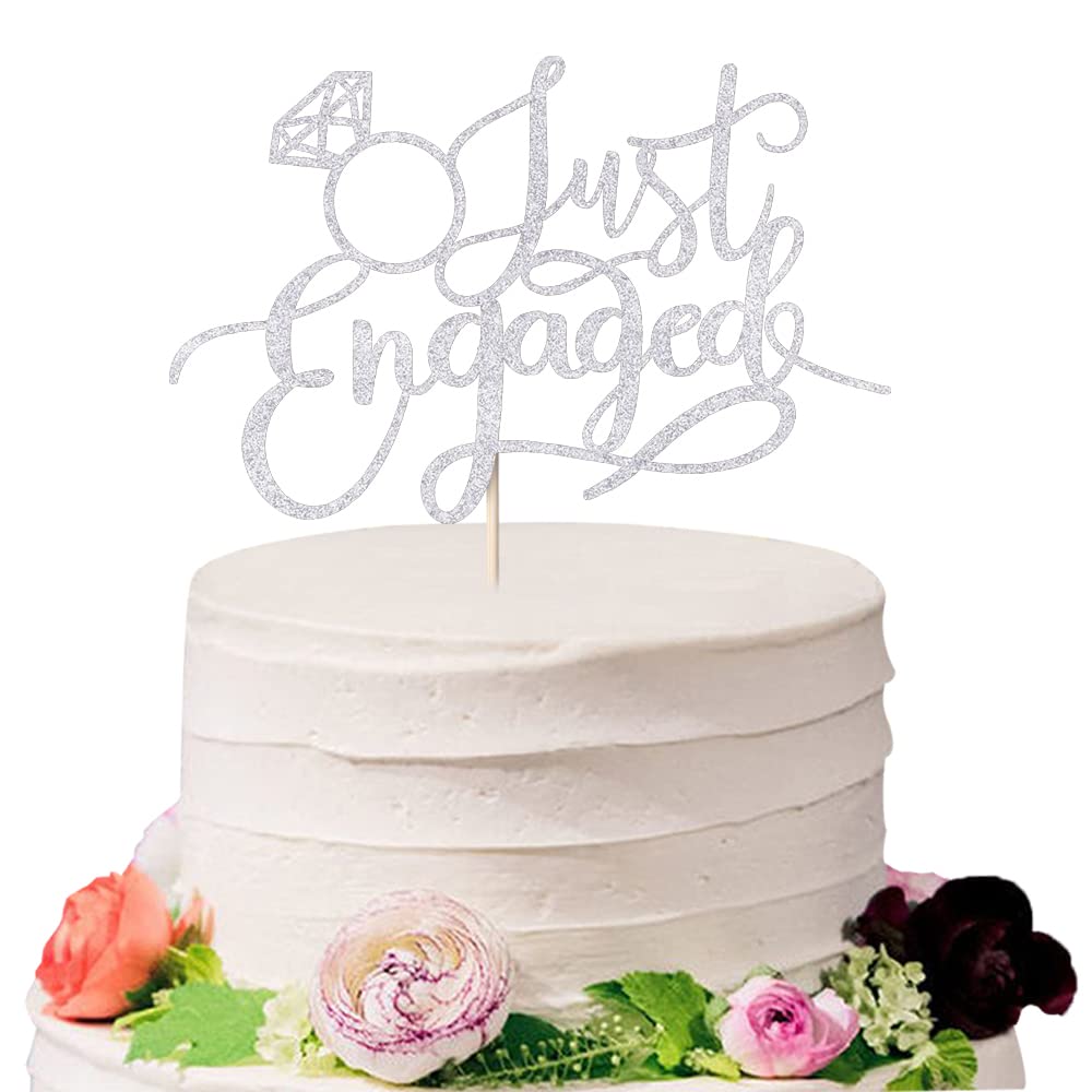 Sodasos Just Engaged cake topper in silver adds sparkle to the engagement cake.