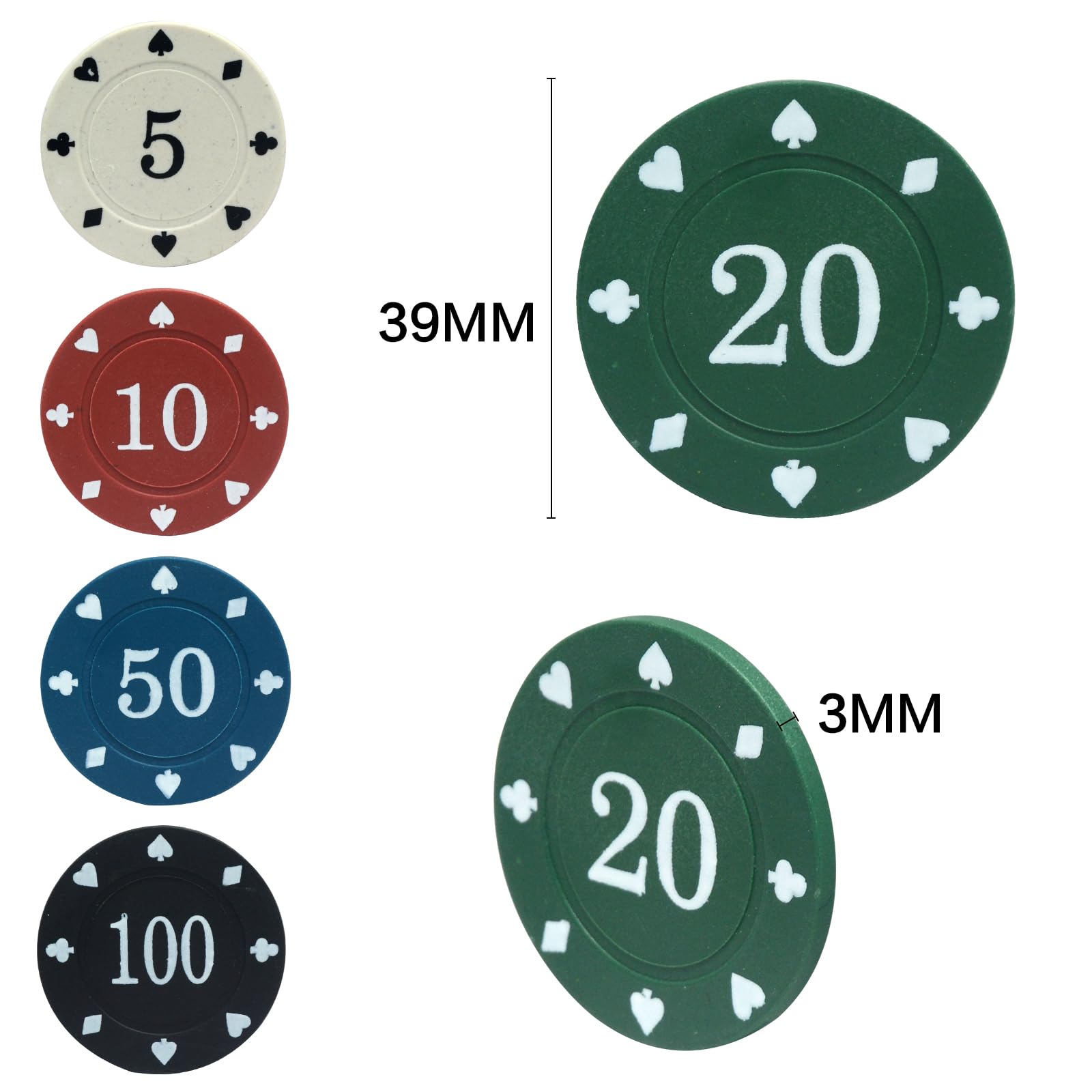 SODFAS poker chips in red, white, blue, green, and black for easy denomination identification.