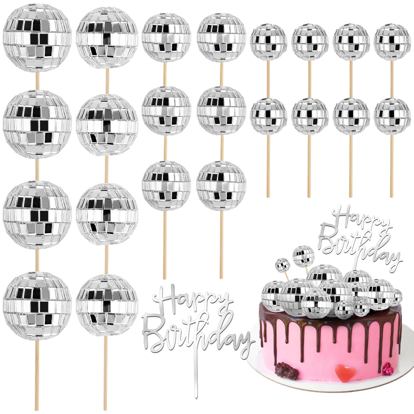 Soelomu disco ball toppers 1.6 inch add retro sparkle to birthday cakes.