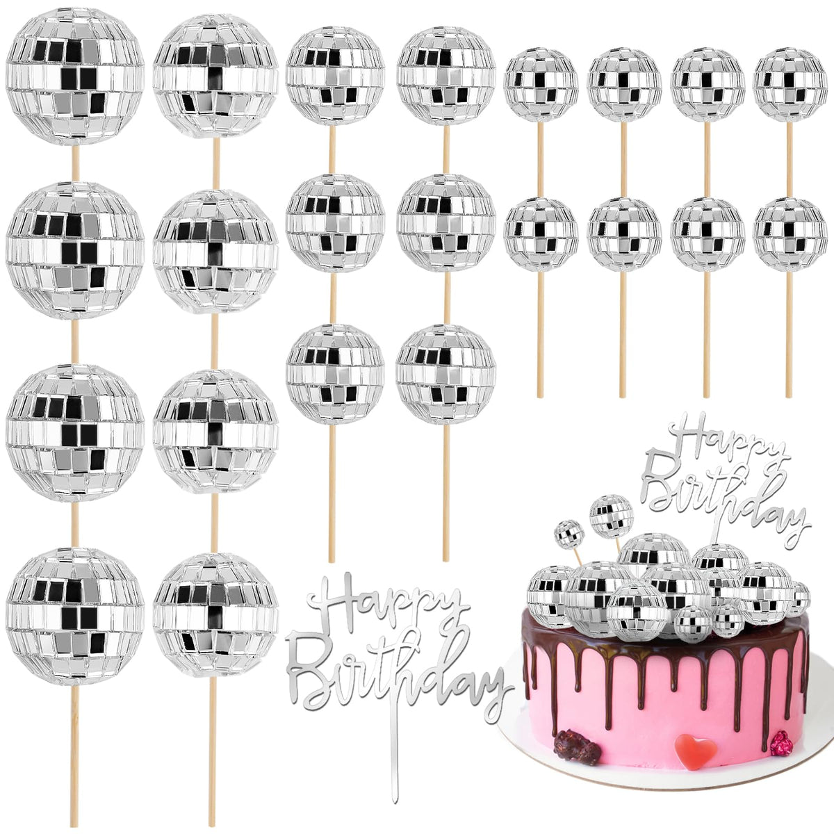 Soelomu disco ball toppers 1.6 inch add retro sparkle to birthday cakes.