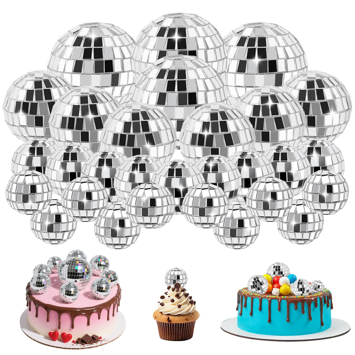 Soelomu disco balls 0.8-inch for cupcakes, adding dazzling rainbow reflections.