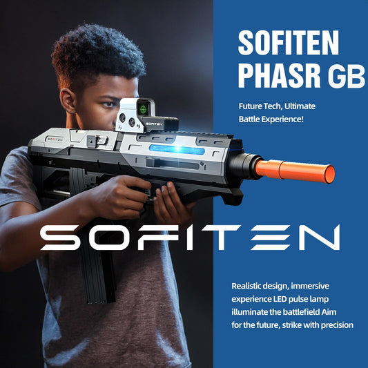 SOFITEN Automic Gel Ball Blaster with running lights during rapid-fire action.
