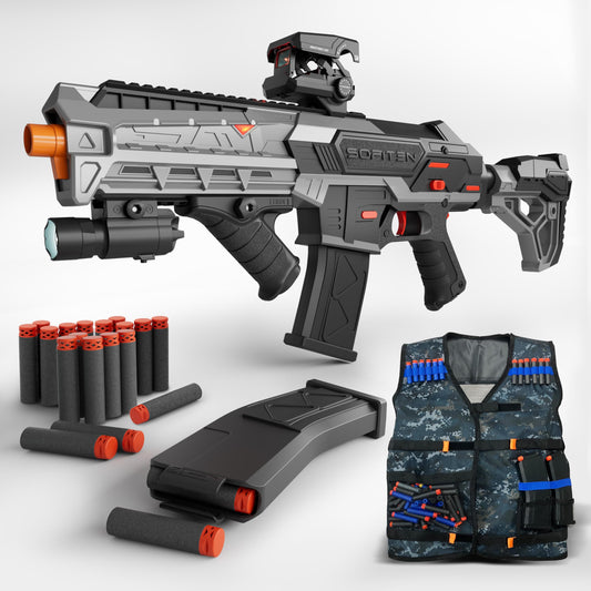 SOFITEN electric toy gun with adjustable scope for precise target practice.