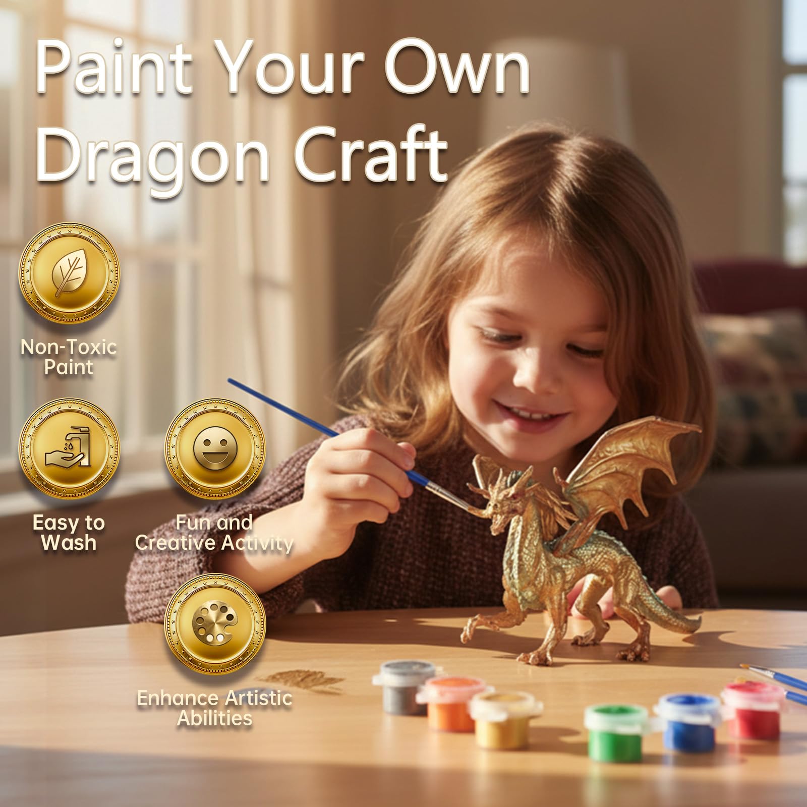 SOLDAY kit includes paints and brushes to customize dragon figurines