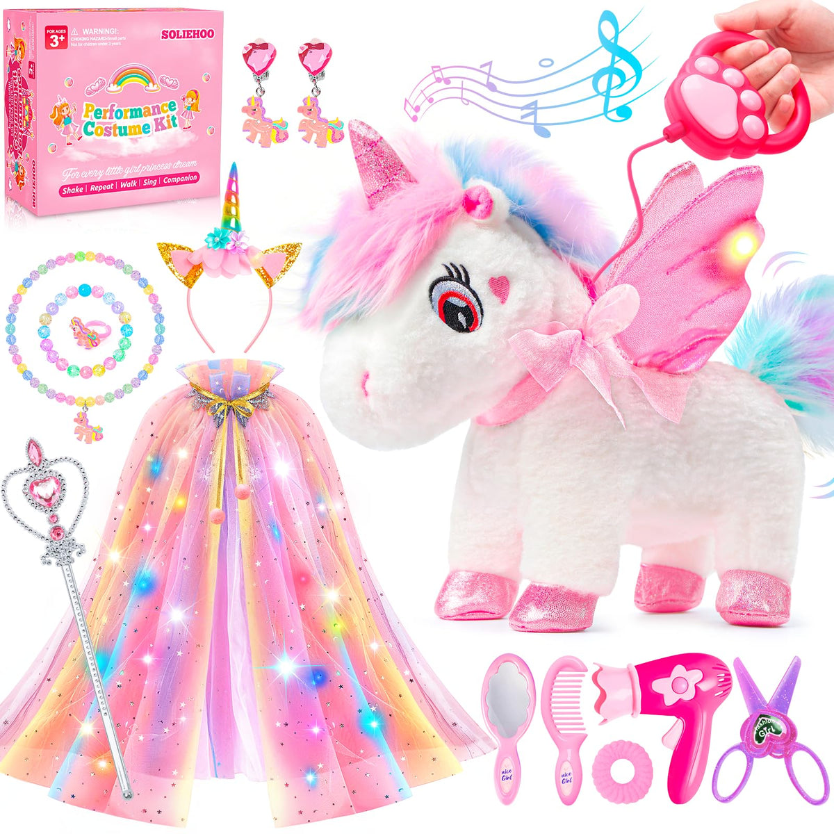SOLIEHOO unicorn toy walking with remote leash for interactive play.