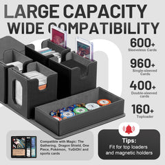 Solisifime trading card box with dice tray organizes dice, tokens, and counters