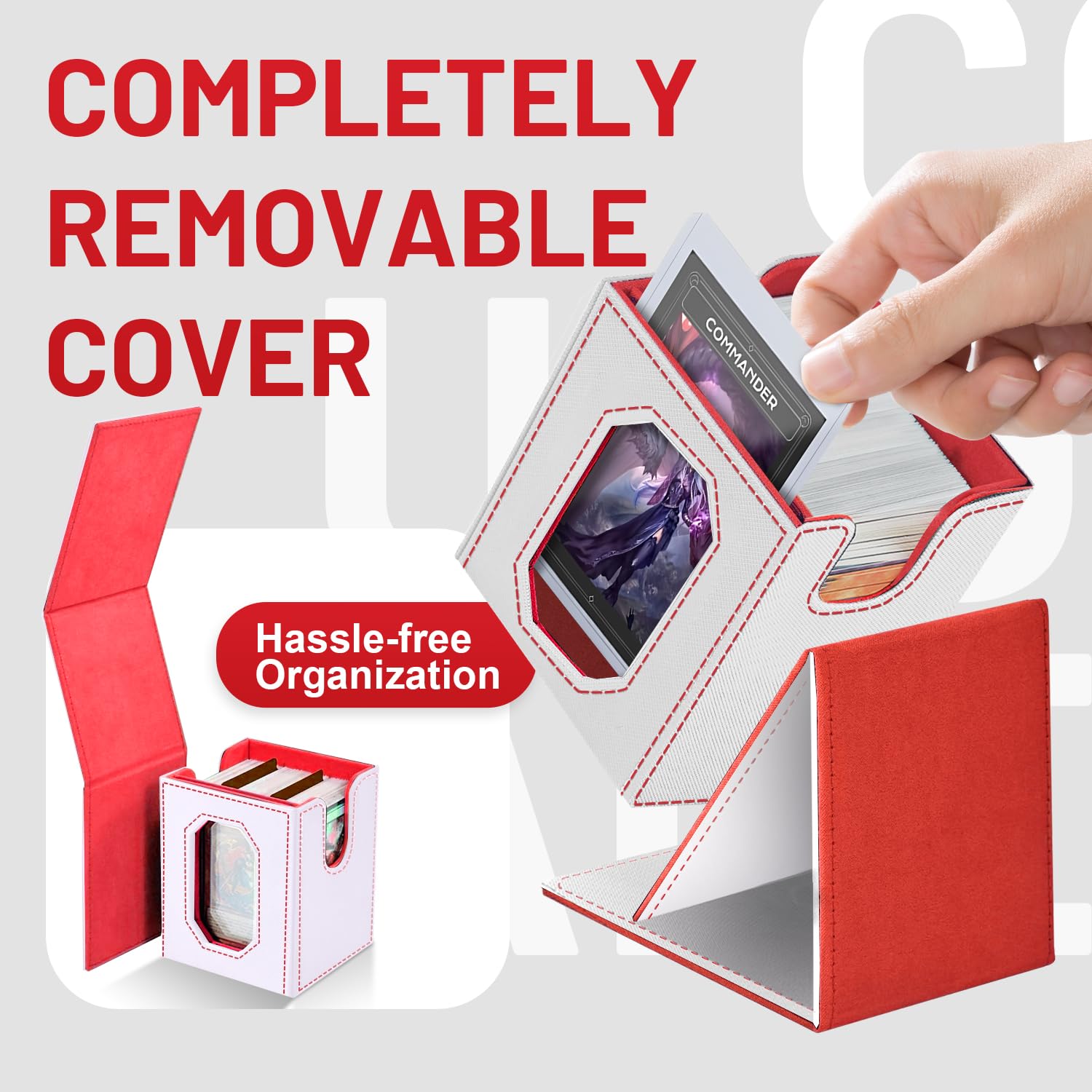 Solisifime trading card storage box dice tray reveals organized space for dice and tokens during games.