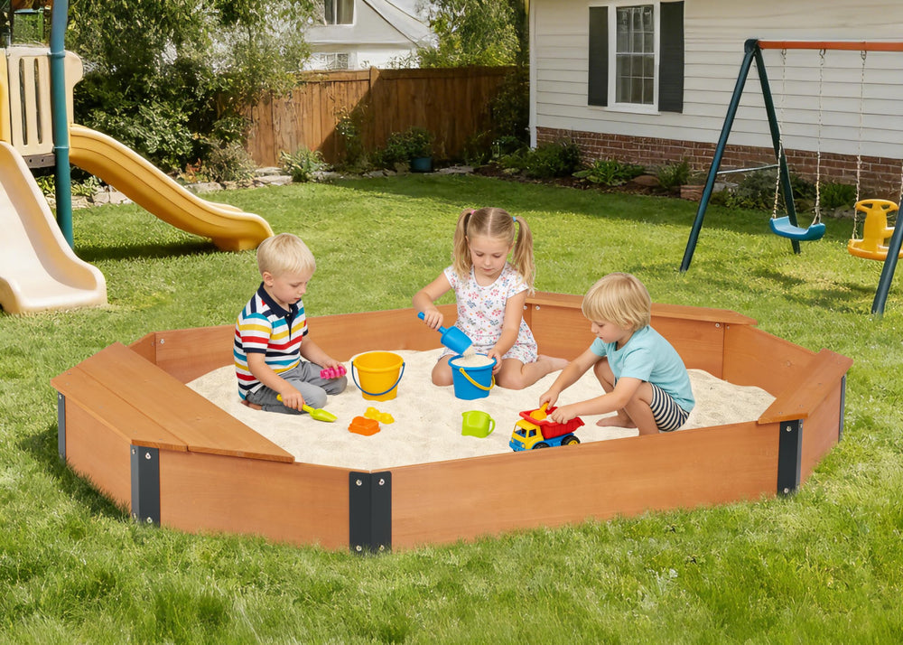 SoliWood octagon sandbox kids playing outdoors with storage nearby.