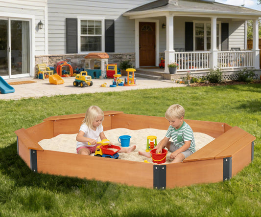 SoliWood octagon sandbox side view highlights sturdy wood frame.