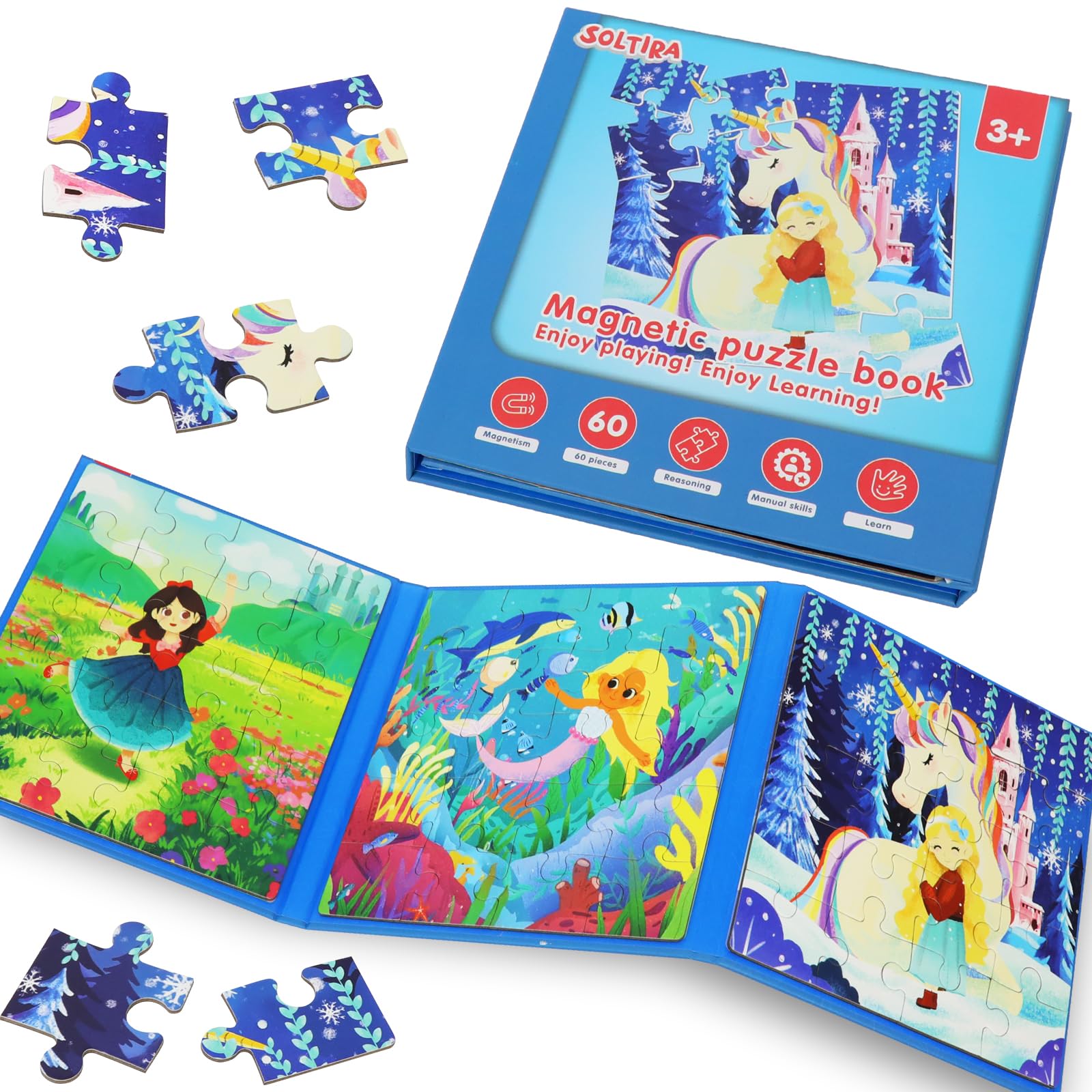 SOLTIRA puzzles unicorn mermaid princess themes for imaginative play and storytelling.