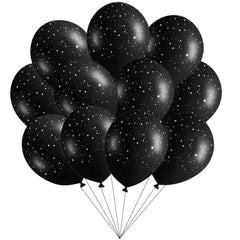 Sondeng galaxy balloons stars on black background create dramatic party backdrop.