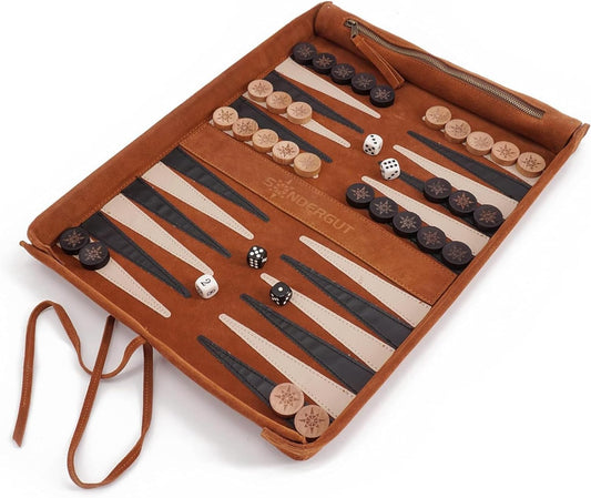 Sondergut Deluxe Backgammon board rolled for travel on the go