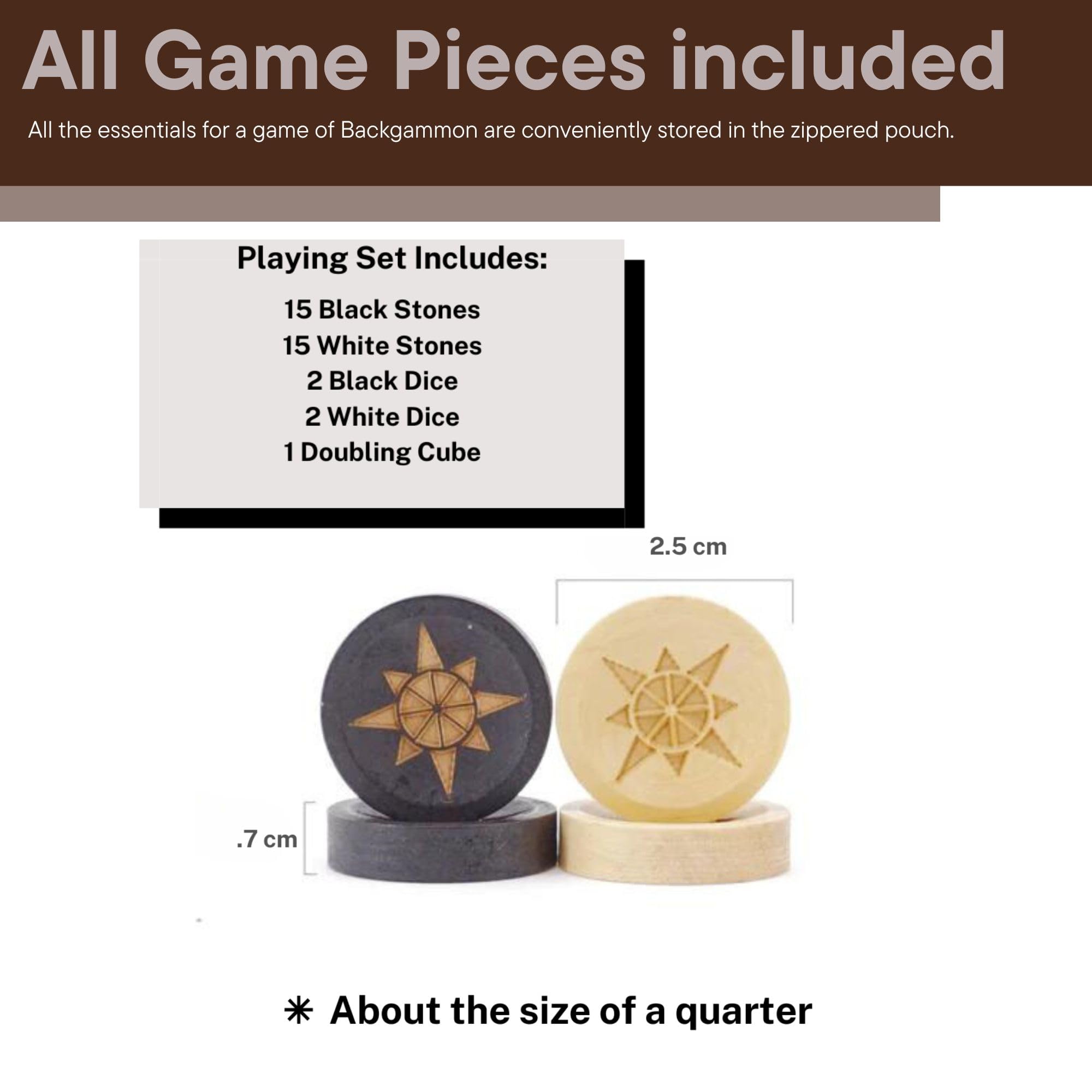 Zippered pouch stores stones and dice securely